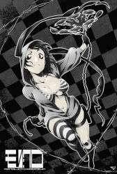 Rule 34 | 1girl, arizuka (catacombe), ball and chain (weapon), barbed wire, bikini, bikini top only, boots, breasts, center opening, chain, checkered background, cleavage, eyeliner, floating hair, frown, full body, gloves, grey theme, highres, holster, hood, hoodie, long hair, long sleeves, makeup, monochrome, navel, original, outline, single thighhigh, solo, striped clothes, striped thighhighs, swimsuit, thigh holster, thighhighs, twintails, very long hair