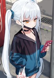 1girl bag blue_jacket breasts cellphone choker highres honashi jacket long_hair long_sleeves mask mouth_mask original phone shopping_bag small_breasts solo twintails white_hair yellow_eyes