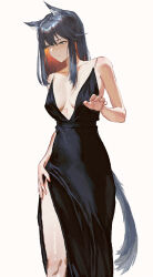 Rule 34 | 1girl, absurdres, alternate costume, animal ears, arknights, bare arms, bare shoulders, black dress, black hair, breasts, colored inner hair, commentary request, cowboy shot, dress, grey background, highres, lingear, long hair, medium breasts, multicolored hair, orange hair, sidelocks, simple background, sleeveless, sleeveless dress, solo, standing, tail, texas (arknights), wolf ears, wolf tail