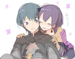 Rule 34 | 1boy, 1girl, armor, bernadetta von varley, blue eyes, blue hair, byleth (fire emblem), byleth (male) (fire emblem), closed eyes, couple, cuddling, fire emblem, fire emblem: three houses, gloves, hair ornament, hands on another&#039;s shoulders, japanese text, nintendo, purple hair, sakura no yoru, short hair, simple background, smile, sweater, white background, yellow gloves