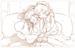 Rule 34 | 2girls, :d, blouse, blush, boots, buttons, closed mouth, commentary, couch, diamond button, drooling, closed eyes, frilled shirt collar, frills, greyscale, hair between eyes, hair ornament, hairband, hat, hat ribbon, heads together, heart, heart button, heart hair ornament, highres, komeiji koishi, komeiji satori, kurenaiattack, leaning forward, leaning on person, messy hair, monochrome, multiple girls, on couch, open mouth, pout, ribbon, shirt, short hair, siblings, sisters, sitting, skirt, squeans, sleeping, slippers, smile, third eye, touhou
