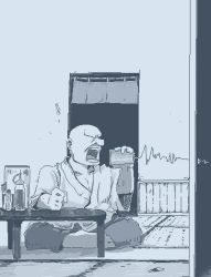Rule 34 | 1boy, bald, barefoot, bottle, clenched hand, collarbone, cross-section, cup, disposable cup, faceless, faceless male, hamsterfragment, hand on table, hand up, holding, holding cup, indoors, jaggy lines, male focus, monochrome, noren, open mouth, original, pants, shouting, sitting, solo, string phone, table