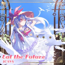 Rule 34 | 1girl, album cover, alternate costume, bare arms, bird, blue hair, book, bow, circle name, closed mouth, cloud, collarbone, collared dress, colored eyelashes, cover, cowboy shot, day, dress, english text, frilled dress, frills, game cg, gate, hair lift, hand in own hair, hat, hat bow, holding, holding book, iosys, kazune (baumkuchen), leaf, long dress, long hair, looking up, multicolored hair, neckerchief, official art, outdoors, red bow, red eyes, red neckerchief, see-through, see-through dress, smile, solo, star (symbol), streaked hair, sun hat, sunlight, too many, too many birds, touhou, touhou cannonball, white bird, white dress, white hair, wind, wind lift, yellow hat