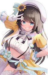 Rule 34 | 1girl, beret, blue eyes, blue shorts, blush, breasts, brown hair, center frills, cropped jacket, cropped shirt, frills, garter straps, hand on own hip, hat, highres, hololive, jacket, large breasts, long hair, looking at viewer, navel, official alternate costume, oozora subaru, oozora subaru (starlight), orange jacket, shirt, shorts, smile, solo, suicabar72, suspender shorts, suspenders, thighhighs, v, virtual youtuber, white garter straps, white hat, white shirt, white thighhighs