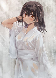 Rule 34 | 1girl, black hair, blush, breasts, brown eyes, character request, check character, closed mouth, cowboy shot, hair between eyes, hair down, japanese clothes, kantai collection, kimono, long sleeves, medium hair, outdoors, sendai (kancolle), small breasts, smile, solo, toka (marchlizard), upper body, water, waterfall, wet, wet clothes, wet hair, wet kimono, white kimono, wide sleeves
