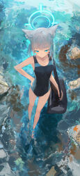 Rule 34 | 1girl, absurdres, animal ear fluff, animal ears, aqua eyes, bag, blue archive, blue eyes, closed mouth, competition swimsuit, cross hair ornament, ear piercing, from above, full body, grey hair, hair ornament, halo, hand on own hip, highres, ichika (ichika87), making-of available, mismatched pupils, ocean, one-piece swimsuit, piercing, rock, shiroko (blue archive), shiroko (swimsuit) (blue archive), solo, standing, starfish, swimsuit, walking, water