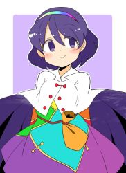 Rule 34 | 1girl, arms behind back, bag, border, cape, closed mouth, cowboy shot, hairband, ini (inunabe00), long sleeves, looking to the side, multicolored clothes, multicolored hairband, purple background, purple eyes, purple hair, short hair, simple background, smile, solo, standing, tenkyuu chimata, touhou, white border, white cape