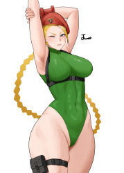 Rule 34 | 1girl, ahoge, armpits, beret, blonde hair, blue eyes, braid, breasts, cammy white, chest harness, commentary, covered abs, covered navel, crotch, curvy, gauntlets, green leotard, harness, hat, highleg, highleg leotard, highres, huge ahoge, impossible clothes, impossible leotard, large breasts, leotard, lips, noorung, one eye closed, pouch, scar, signature, skindentation, solo, street fighter, street fighter v, stretching, thick thighs, thigh pouch, thigh strap, thighs, thong leotard, twin braids, white background, wide hips