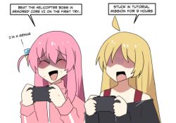 Rule 34 | 2girls, ahoge, armored core, armored core 6, black shirt, blonde hair, bocchi the rock!, closed eyes, commentary, controller, cube hair ornament, english commentary, english text, gotoh hitori, hair ornament, highres, hinghoi, holding, holding controller, ijichi seika, jacket, long hair, long sleeves, multiple girls, one side up, open mouth, pink hair, pink jacket, shirt, simple background, track jacket, white background