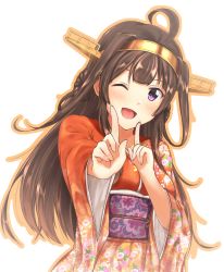 Rule 34 | 10s, 1girl, ;d, ahoge, blush, brown hair, commentary request, floral print, furisode, hair intakes, hairband, highres, japanese clothes, kantai collection, kimono, koi dance, kongou (kancolle), long hair, obi, one eye closed, open mouth, outline, purple hair, red kimono, sash, sidelocks, smile, solo, taka-chan, wide sleeves