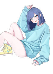 Rule 34 | 1girl, absurdres, arm up, blue hair, blue shirt, blush, commentary request, green eyes, highres, knee up, kurokawa akane, long sleeves, looking at viewer, medium hair, miuna (498475051), nike (company), open mouth, oshi no ko, oversized clothes, oversized shirt, reclining, shirt, shoes, simple background, sleeves past wrists, smile, solo, thighs, white background, yellow footwear