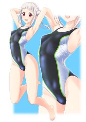 Rule 34 | 1girl, absurdres, arashi chisato, armpits, arms up, barefoot, black one-piece swimsuit, blunt bangs, breasts, clothes writing, collarbone, competition swimsuit, covered navel, double bun, full body, hair bun, highleg, highleg swimsuit, highres, jumping, long hair, looking at viewer, love live!, love live! superstar!!, multicolored clothes, multicolored swimsuit, one-piece swimsuit, open mouth, red eyes, round teeth, single sidelock, small breasts, smile, solo, swimsuit, takafumi, teeth, twintails, upper teeth only, white hair, zoom layer