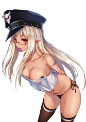 Rule 34 | 1girl, arms behind back, bare arms, bare shoulders, black panties, black thighhighs, blunt bangs, breasts, camisole, cleavage, collarbone, condom, condom in mouth, condom wrapper, cowboy shot, crop top, crop top overhang, eyebrows, eyelashes, glasses, hat, highres, large breasts, leaning forward, legs apart, long hair, looking at viewer, md5 mismatch, mouth hold, navel, no pants, original, panties, peaked cap, pointy ears, pubic tattoo, red-framed eyewear, red eyes, see-through, semi-rimless eyewear, shiraha (pixiv10239953), side-tie panties, silver hair, simple background, slit pupils, solo, spaghetti strap, standing, stomach, stomach tattoo, strap slip, string panties, tattoo, thighhighs, under-rim eyewear, underwear, white background