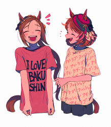 Rule 34 | 2girls, :d, ^ ^, absurdres, animal ears, appleq, black skirt, blush, brown shirt, closed eyes, clothes writing, commentary request, cropped torso, ears through headwear, english text, forehead, hat, highres, horse ears, horse girl, horse tail, long hair, multiple girls, north flight (umamusume), notice lines, open mouth, pink hat, pink shirt, pleated skirt, ponytail, sakura bakushin o (umamusume), shirt, short sleeves, simple background, skirt, smile, tail, tilted headwear, umamusume, upper body, very long hair, white background