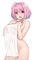 Rule 34 | 1girl, ahoge, bob cut, breasts, covered erect nipples, covering privates, fang, female focus, highres, idolmaster, idolmaster cinderella girls, large breasts, looking at viewer, multicolored hair, naked towel, nude, nude cover, open mouth, pink eyes, pink hair, see-through, solo, standing, tomajiyama, towel, white background, yumemi riamu