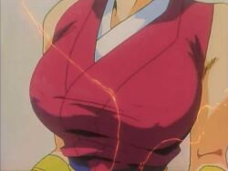 1990s_(style) 1996 animated animated_gif bouncing_breasts breast_expansion breast_focus breasts bursting_breasts collarbone electricity injuu_gakuen_la_blue_girl japanese_clothes large_breasts muscle_growth nipples perky_breasts retro_artstyle tagme torn_clothes transformation upper_body yaku