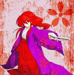 Rule 34 | 1girl, female focus, hakama, hakama skirt, japanese clothes, jitte, kimono, kotohime (touhou), phantasmagoria of dim.dream, red eyes, red hair, red hakama, serene (gusarme), serene (pixiv66339), skirt, smile, solo, touhou, touhou (pc-98), weapon
