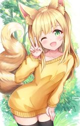 Rule 34 | 1girl, ;d, animal ears, black thighhighs, blonde hair, fox ears, fox girl, fox tail, green eyes, hand on own thigh, long hair, long sleeves, looking at viewer, one eye closed, open mouth, original, sakura ani, smile, sweater, tail, thighhighs, v, yellow sweater