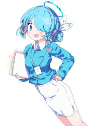 Rule 34 | 1girl, absurdres, adapted costume, arona (blue archive), blue archive, blue eyes, blue hair, blue halo, blue shirt, blush, braid, collared shirt, colored inner hair, commentary, feet out of frame, hair bun, hair over one eye, halo, highres, kittenlochen, long sleeves, looking at viewer, multicolored hair, open mouth, pencil skirt, pink hair, shirt, short hair, side slit, simple background, single braid, single hair bun, skirt, smile, solo, white background, white skirt