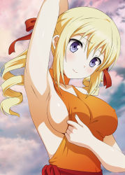 Rule 34 | 1girl, absurdres, angelina kudou shields, arm up, armpits, backless dress, backless outfit, blonde hair, breasts, closed mouth, cloud, commentary request, covered erect nipples, dress, drill hair, hair between eyes, hair ribbon, head tilt, highres, looking at viewer, mahouka koukou no rettousei, medium breasts, medium hair, nanikairu, orange dress, purple eyes, red ribbon, ribbon, sideboob, sidelocks, sky, smile, solo, twin drills, twintails