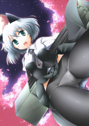 Rule 34 | 1girl, animal ears, black pantyhose, cat ears, cat girl, cherry blossoms, female focus, from below, full moon, furoaki, green eyes, highres, moon, nature, necktie, night, outdoors, panties, panties under pantyhose, pantyhose, red moon, rocket launcher, sanya v. litvyak, short hair, silver hair, skirt, sky, solo, star (symbol), strike witches, underwear, uniform, upskirt, weapon, world witches series