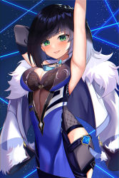 Rule 34 | 1girl, :d, absurdres, arm behind head, armpits, arms up, black hair, blunt bangs, breasts, chinese clothes, choker, cleavage, coat, coat on shoulders, commentary request, dice, fur-trimmed coat, fur trim, genshin impact, green eyes, highres, looking at viewer, mole, mole on breast, night, night sky, open mouth, parted bangs, short hair, sidelocks, sky, sleeveless, smile, solo, star (sky), starry sky, vision (genshin impact), yelan (genshin impact), yuki (best010409)