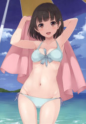 Rule 34 | 1girl, :d, absurdres, arms up, beach umbrella, bikini, black hair, blue bikini, blue sky, blush, bow, bowtie, breasts, brown eyes, cleavage, cloud, cloudy sky, collarbone, day, hair ornament, hairclip, halterneck, highres, holding, lips, looking at viewer, medium breasts, navel, ocean, open mouth, original, outdoors, pink towel, scan, short hair, side-tie bikini bottom, simple background, sky, smile, solo, stomach, striped, swimsuit, thighs, towel, umbrella, unasaka ryou, water, water drop, wet