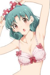 Rule 34 | 1girl, :o, adjusting bow, aqua hair, armpits, arms up, bare arms, bare shoulders, blush, bow, bow bra, bra, breasts, brown eyes, cleavage, collarbone, commentary request, curly hair, floral print, frilled bra, frills, hair bow, head tilt, highres, hiroki (yyqw7151), idolmaster, idolmaster million live!, light blush, looking at viewer, medium breasts, medium hair, open mouth, parted bangs, pink bow, pink bra, polka dot, polka dot bow, print bra, red bow, simple background, solo, tokugawa matsuri, underwear, underwear only, upper body, white background
