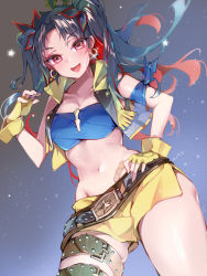 Rule 34 | 1girl, absurdres, bare shoulders, belt, black belt, crop top, cropped vest, fate/grand order, fate (series), fringe trim, gloves, grey hair, highres, ishtar (fate), kanola u, long hair, multicolored hair, navel, night, night sky, open clothes, red eyes, red hair, ribbon, shorts, sky, space ishtar (fate), space ishtar (second ascension) (fate), star (symbol), streaked hair, thigh strap, tiara, two side up, vest, yellow gloves, yellow shorts, yellow vest