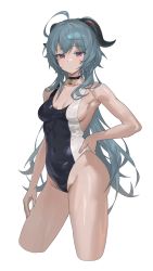Rule 34 | 1girl, absurdres, ahoge, alternate costume, bare arms, bare shoulders, bell, black choker, black one-piece swimsuit, blue hair, breasts, choker, closed mouth, collarbone, competition swimsuit, covered navel, cropped legs, crossed bangs, expressionless, ganyu (genshin impact), genshin impact, goat horns, gradient eyes, groin, hand on own hip, hand on own thigh, highleg, highleg swimsuit, highres, horns, long hair, looking at viewer, medium breasts, multicolored eyes, neck bell, one-piece swimsuit, purple eyes, sideboob, sidelocks, simple background, solo, swimsuit, thighs, two-tone swimsuit, white background, white one-piece swimsuit, zutsuyaku