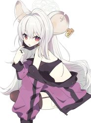 Rule 34 | 1girl, :o, animal ears, black thighhighs, blue archive, blush, ear tag, garter straps, hair between eyes, halo, highres, jacket, jewelry, long hair, long sleeves, looking at viewer, mask, mask pull, mouse ears, mouse girl, mouth mask, multiple rings, off shoulder, purple jacket, red eyes, ring, saya (blue archive), saya (casual) (blue archive), simple background, sitting, solo, thighhighs, very long hair, white background, white hair, ymm007xx