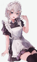 Rule 34 | 1girl, :d, apron, arm support, bad id, bad pixiv id, black dress, black thighhighs, braid, breasts, commentary, dress, feet out of frame, gradient background, grey background, grey eyes, hair between eyes, hand up, highres, izayoi sakuya, looking at viewer, maid headdress, medium breasts, open mouth, short hair with long locks, side braids, silver hair, simple background, sitting, smile, solo, tabey0u, thighhighs, touhou, twin braids, white apron, wing collar