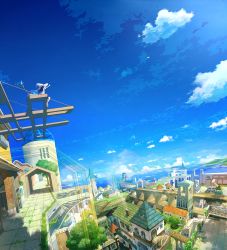 Rule 34 | 1girl, arch, bird, black hair, chimney, cityscape, cloud, day, dress, dutch angle, fantasy, grass, hat, highres, horizon, landscape, ocean, original, paper airplane, scenery, shade, sitting, sky, smoke, solo, sunlight, town, tree, white dress, witch hat, yatsude