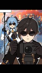 Rule 34 | 1boy, 1girl, 3d background, absurdres, black bodysuit, black gloves, black hair, blue hair, bodysuit, camera, commentary request, ganyu (genshin impact), genshin impact, gloves, goat horns, hair between eyes, highres, holding, holding camera, holding lamp, horns, long hair, long sleeves, looking at viewer, low ponytail, ooyun, outdoors, sidelocks, single-lens reflex camera, smile, sunglasses, tripod, zhongli (genshin impact)
