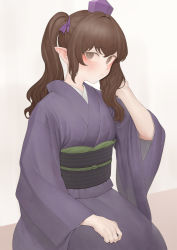 Rule 34 | 1girl, :/, brown eyes, brown hair, hand up, hat, highres, himekaidou hatate, japanese clothes, kimono, long hair, long sleeves, looking at viewer, ni (221), purple kimono, simple background, sitting, solo, tokin hat, touhou, twintails, white background, wide sleeves