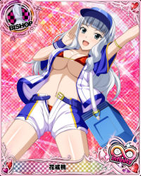 Rule 34 | 1girl, :d, aqua eyes, arm up, bikini, bikini under clothes, bishop (chess), bracelet, breasts, card (medium), character name, chess piece, hanakai momo, high school dxd, high school dxd infinity, jewelry, large breasts, long hair, navel, official art, open clothes, open mouth, open shirt, red bikini, shorts, silver hair, smile, solo, swimsuit, trading card, wavy hair