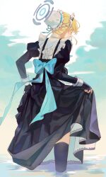 Rule 34 | 1girl, back bow, black gloves, black thighhighs, blonde hair, blue archive, blue bow, bow, braid, bun cover, feet out of frame, fingerless gloves, frills, from behind, gloves, halo, highres, juliet sleeves, long sleeves, maid, maid headdress, may.l, puffy sleeves, skirt hold, sky, solo, standing, thighhighs, toki (blue archive), wading, water