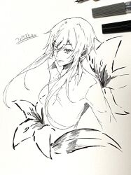 Rule 34 | 1boy, collared shirt, commentary request, copyright request, dress shirt, flower, grey background, hair between eyes, highres, long hair, looking at viewer, male focus, mochizuki shiina, photo (medium), shirt, simple background, solo, traditional media, translation request, v-shaped eyebrows