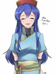 Rule 34 | 1girl, absurdres, arms behind back, blue hair, closed eyes, cosplay, fire emblem, fire emblem: the binding blade, fire emblem: the blazing blade, hat, highres, lilina (fire emblem), long hair, lyn (fire emblem), lyn (fire emblem) (cosplay), nintendo, open mouth, red hat, short sleeves, simple background, solo, tommy (kingdukeee), upper body, white background