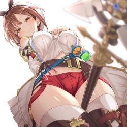 Rule 34 | 1girl, arm behind back, atelier (series), atelier ryza, atelier ryza 1, baakurou, bare shoulders, belt, beret, between thighs, blurry, boots, bottle, breast suppress, breasts, brown belt, brown eyes, brown hair, brown thighhighs, cameltoe, covered erect nipples, crop top, depth of field, detached sleeves, flask, from below, hair ornament, hairclip, half-closed eyes, hand on own breast, hand on own chest, hat, highres, large breasts, legs together, looking down, lowleg, lowleg shorts, medium breasts, midriff, naughty face, navel, red shorts, reisalin stout, round-bottom flask, shirt, short hair, short shorts, shorts, simple background, smile, solo, staff, test tube, thick thighs, thigh boots, thighhighs, thighhighs under boots, thighs, vial, white background, white hat, white shirt