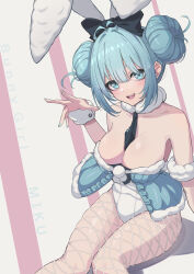Rule 34 | 1girl, absurdres, animal ears, antenna hair, aqua eyes, aqua hair, aqua nails, arm support, armband, bare shoulders, between breasts, bicute bunnies miku, black bow, black necktie, bow, breasts, character name, chemise, cleavage, commentary, detached collar, double bun, doughnut hair bun, english commentary, fake animal ears, fingernails, fishnet pantyhose, fishnets, fur collar, hair between eyes, hair bow, hair bun, hatsune miku, highres, large bow, large breasts, leotard, long hair, looking at viewer, mixed-language commentary, nail polish, natsugou shinogi, necktie, open mouth, pantyhose, playboy bunny, rabbit ears, sidelocks, sitting, solo, strapless, strapless leotard, teeth, upper teeth only, vocaloid, white leotard, white pantyhose, wrist cuffs