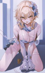 Rule 34 | 1girl, absurdres, alternate costume, bare shoulders, bikini, blonde hair, blurry, blurry background, bound, bound wrists, breasts, breasts squeezed together, cleavage, flower, genshin impact, gloves, hair between eyes, hair flower, hair intakes, hair ornament, highres, indol, kneeling, large breasts, leaning forward, looking at viewer, lumine (genshin impact), open mouth, saliva, saliva trail, short hair, short hair with long locks, solo, swimsuit, white bikini, white gloves, yellow eyes