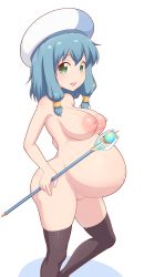 Rule 34 | 1girl, akai (riaakai), black thighhighs, blue eyes, blue hair, blush, breasts, endro!, groin, hat, highres, large areolae, large breasts, looking at viewer, looking to the side, meiza endust, navel, nipples, nude, open mouth, pregnant, sagging breasts, shadow, shiny skin, short hair, simple background, solo, staff, standing, thighhighs, white background