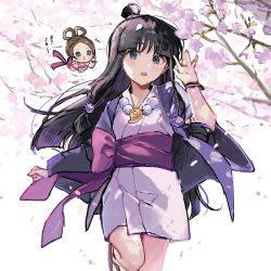 Rule 34 | 2girls, ace attorney, black hair, blue eyes, breasts, brown hair, floating, floating hair, highres, japanese clothes, kimono, long hair, magatama, maya fey, mini person, minigirl, multiple girls, obi, open hand, open mouth, paney, pearl fey, purple hair, purple kimono, running, sash, small breasts, solo focus, tree