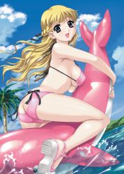 Rule 34 | 00s, 1girl, :d, ass, ass cutout, bikini, blonde hair, blue eyes, braid, breasts, butt crack, clothing cutout, cloud, dated, day, dolphin, fingernails, french braid, game cg, happoubi jin, highres, inflatable dolphin, inflatable toy, long hair, open mouth, outdoors, palm tree, pink bikini, pink theme, resort boin, ribbon, sky, smile, solo, swimsuit, tree, tsukushino mitsugu, underboob, water