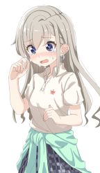 Rule 34 | 1girl, blue eyes, blush, braid, breasts, cardigan, cardigan around waist, clothes around waist, collared shirt, commentary request, crying, crying with eyes open, earrings, green cardigan, grey hair, grey skirt, hair between eyes, hand up, highres, hisakawa hayate, idolmaster, idolmaster cinderella girls, idolmaster cinderella girls starlight stage, jewelry, long hair, nose blush, open mouth, pleated skirt, shirt, shiwa (siwaa0419), short sleeves, skirt, small breasts, solo, sunlight, tears, very long hair, white background, white shirt