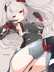 Rule 34 | 1girl, :p, azur lane, black gloves, black legwear, black panties, breasts, commentary request, covered erect nipples, finger to mouth, garter straps, gloves, hair ornament, long hair, looking at viewer, mimelond, mole, mole on breast, multicolored hair, orange eyes, panties, pantyshot, prinz eugen (azur lane), sideboob, silver hair, simple background, smile, solo, tongue, tongue out, two-tone hair, two side up, underwear