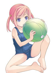 Rule 34 | 1girl, absurdres, ball, barefoot, beachball, blowing, blue eyes, child, highres, inflating, old school swimsuit, one-piece swimsuit, original, pink hair, ponytail, pop (electromagneticwave), school swimsuit, short hair, short ponytail, sidelocks, simple background, sitting, solo, spread legs, swimsuit, white background
