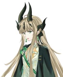 Rule 34 | 1girl, :d, arknights, black bow, black jacket, blonde hair, bow, chinese commentary, commentary request, dragon horns, earrings, green eyes, hair bow, highres, horns, jacket, jewelry, jiaruaner, long hair, looking at viewer, low ponytail, official alternate costume, open mouth, reed (arknights), reed (emerald holiday) (arknights), shirt, simple background, smile, solo, upper body, very long hair, white background, white shirt