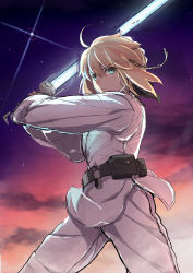 Rule 34 | 1girl, absurdres, ahoge, artoria pendragon (all), artoria pendragon (fate), blonde hair, breasts, closed mouth, commentary, cosplay, energy sword, fate/stay night, fate (series), green eyes, hair between eyes, highres, hisato nago, jedi, lightsaber, long sleeves, looking at viewer, luke skywalker, luke skywalker (cosplay), saber (fate), science fiction, solo, star wars, sword, weapon